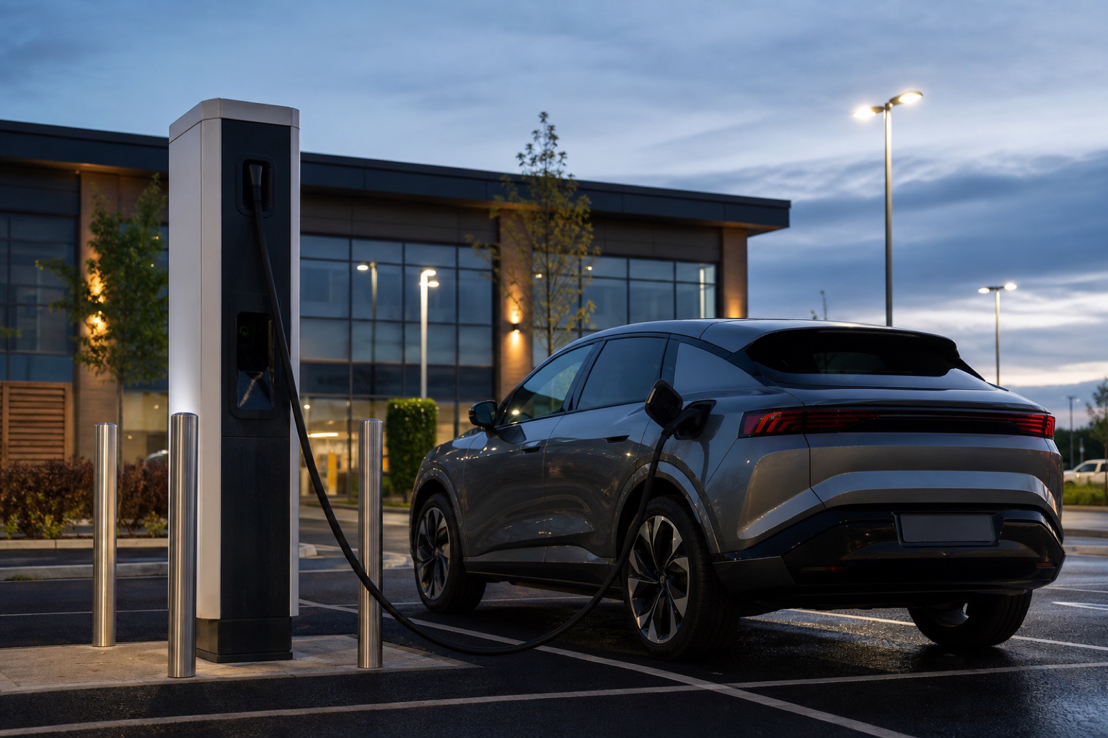 Electric car charging at a commercial rapid charger at dusk