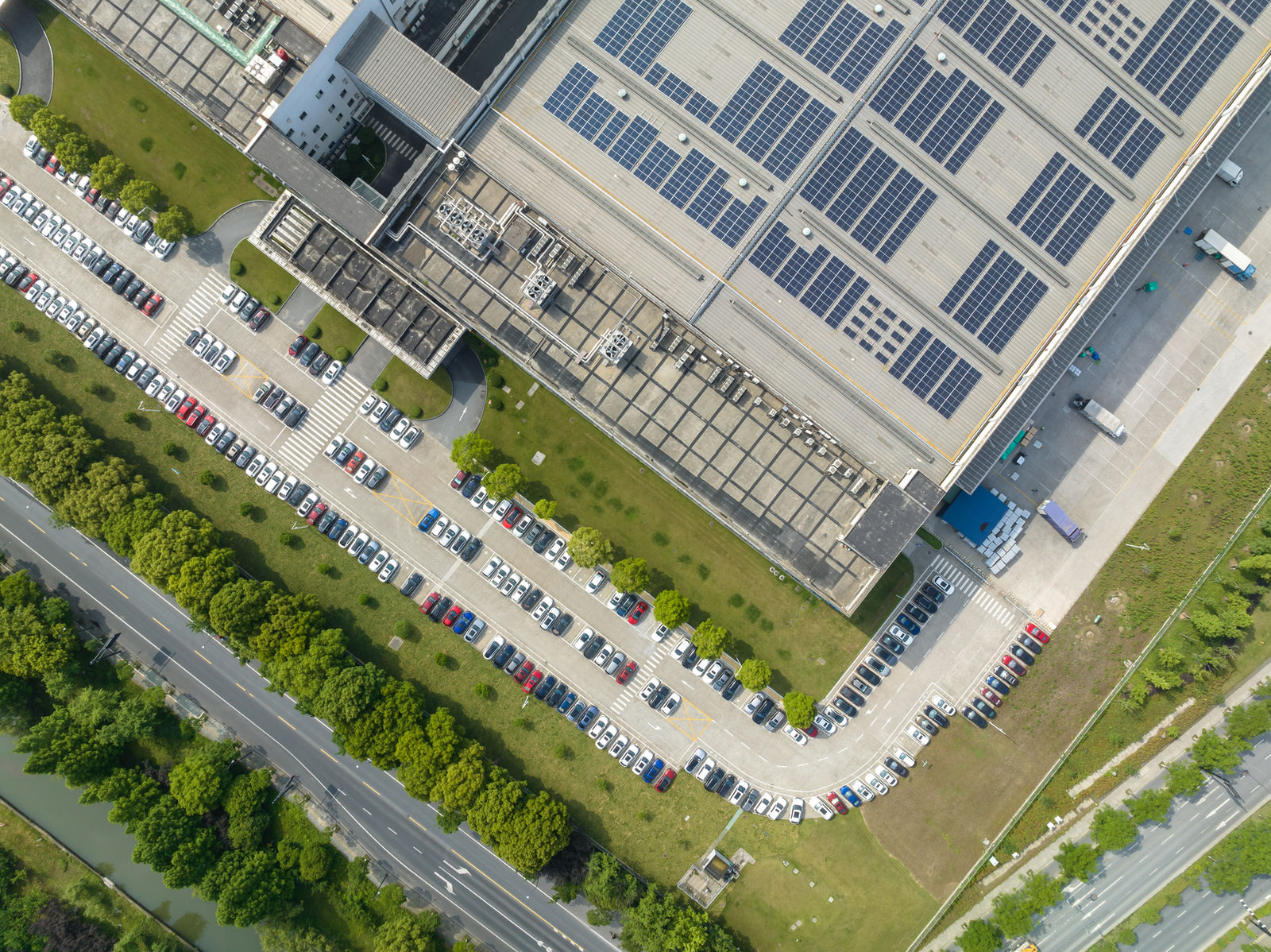 Solar panels on a commercial factory roof